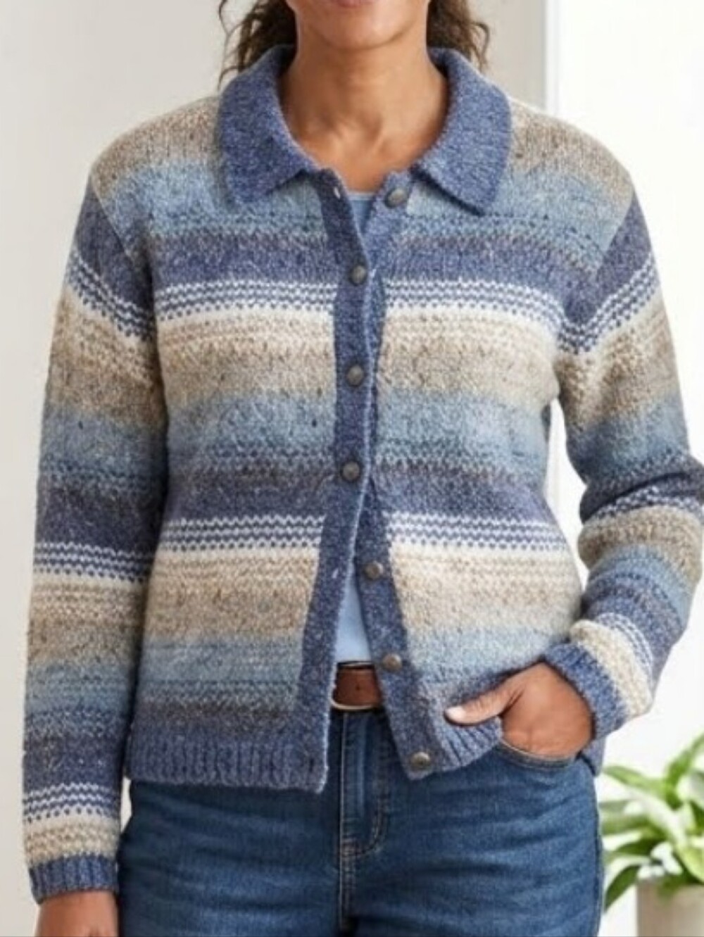 Croft & Barrow Striped Knit Wool Blend Button Front Collared Cardigan Sweater